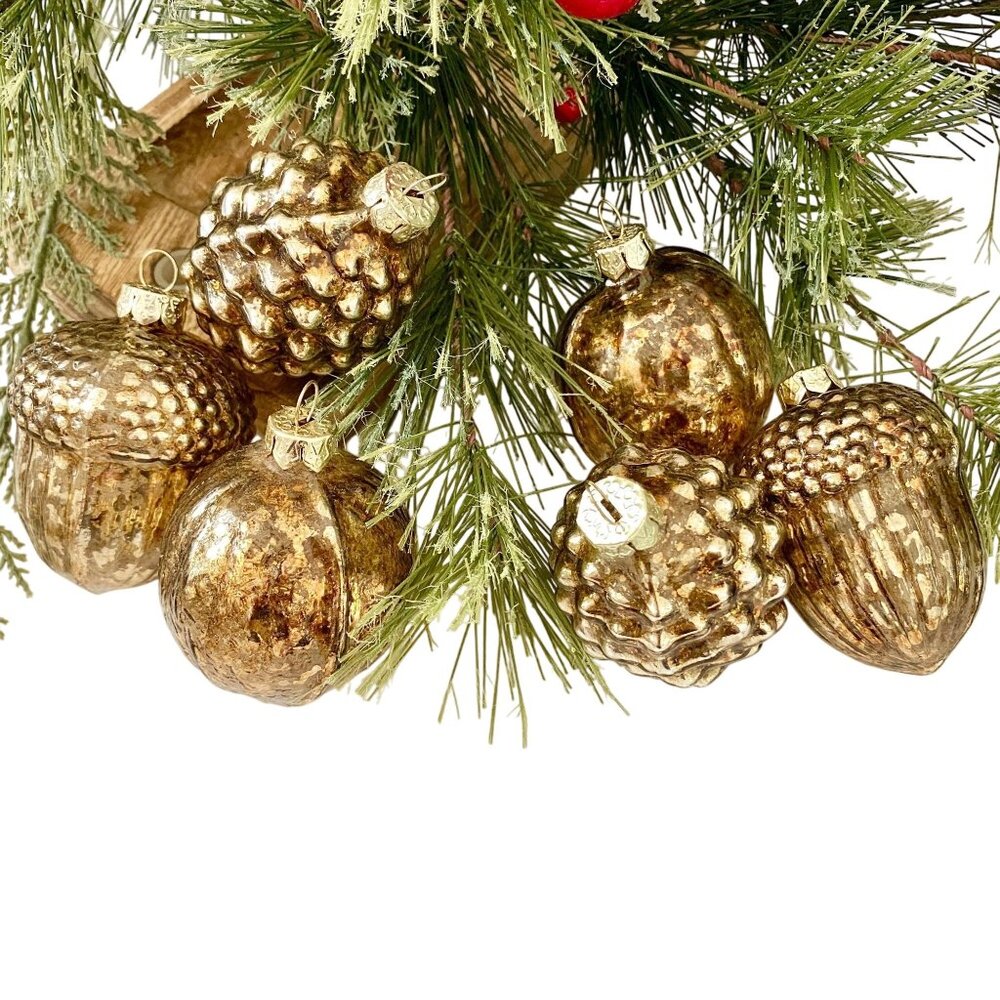 Vintage Mercury Glass Ornaments - Acorn / Pine Cone / Walnut, Set of 6